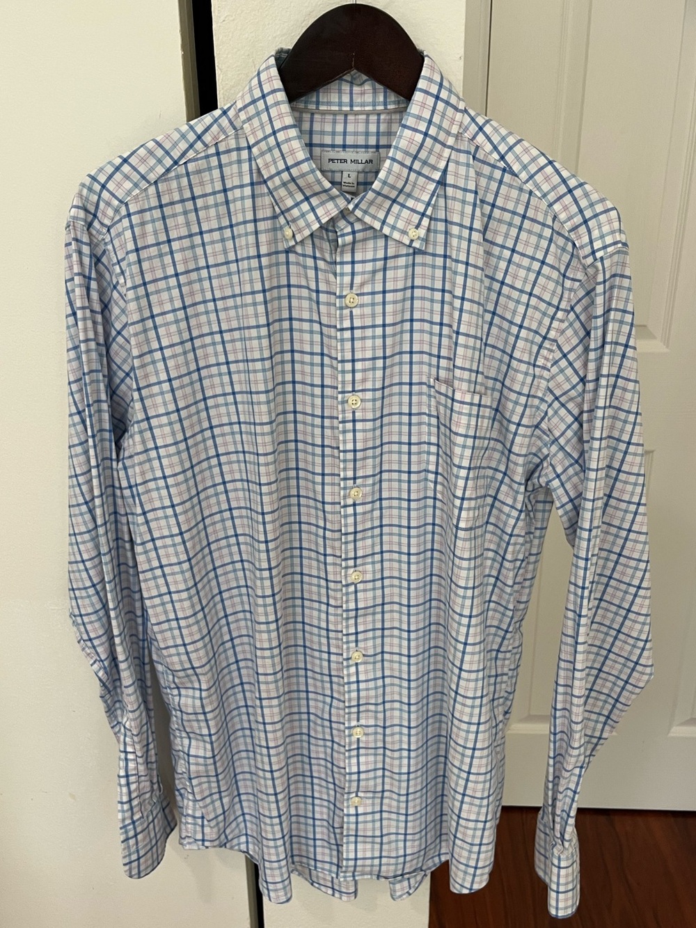 Peter Millar White Button-Down Shirt with Blue and Light Pink Plaid